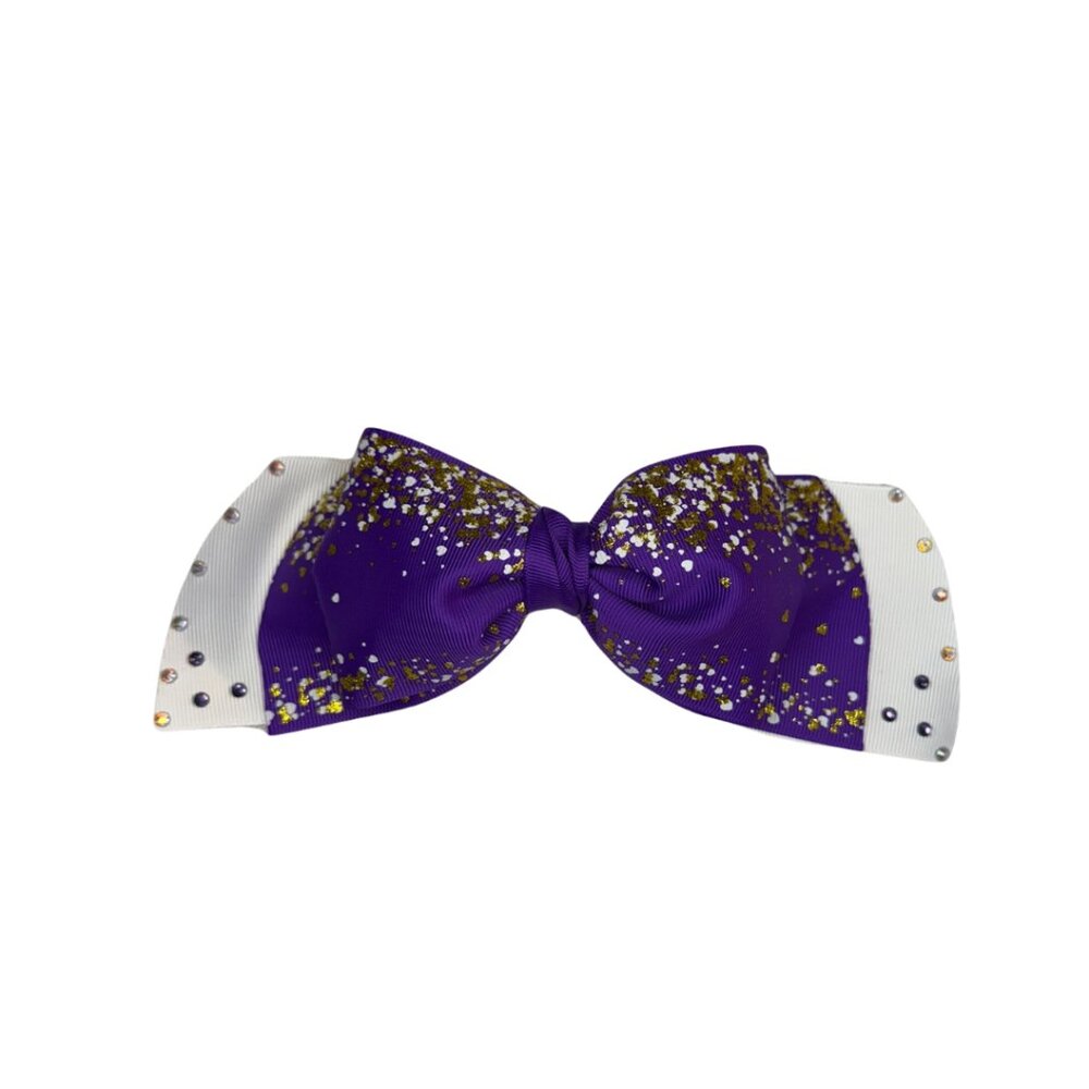 Purple & White Glitter Hair Bow with Rhinestone Accents – Celebration Style
